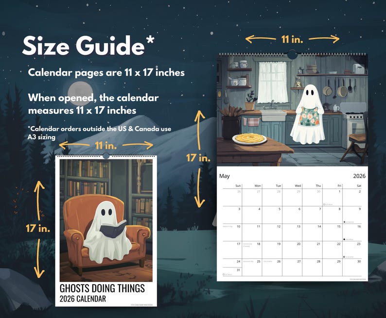 2026 Ghost Calendar, Monthly Wall Calendar, 2026 Spooky Calendar, Cute Ghost Monthly Calendar, Ghosts Doing Things