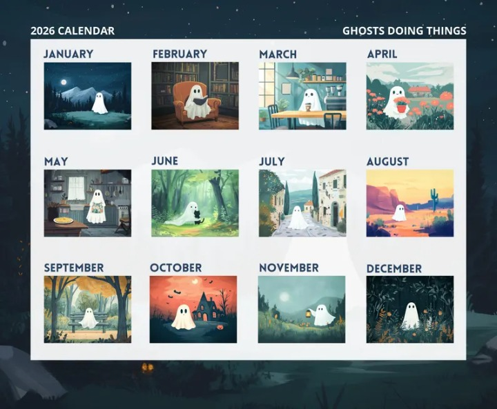 2026 Ghost Calendar, Monthly Wall Calendar, 2026 Spooky Calendar, Cute Ghost Monthly Calendar, Ghosts Doing Things