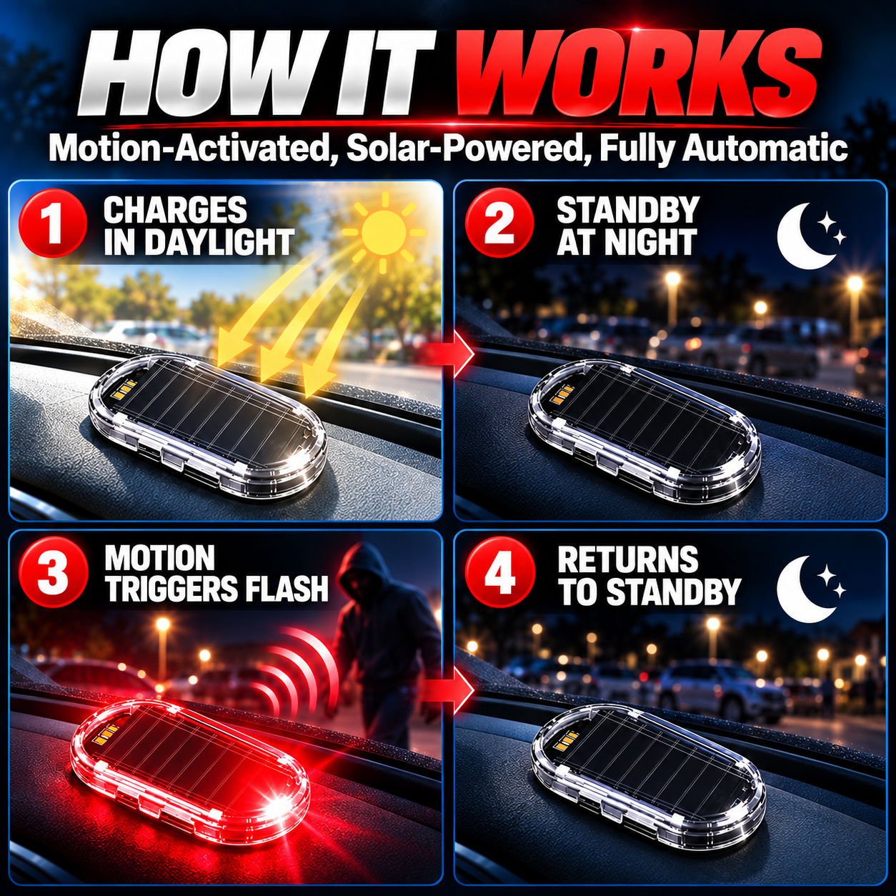 🚨 Solar-Powered Car Alarm LED – Flashing Deterrent Light, No Wiring