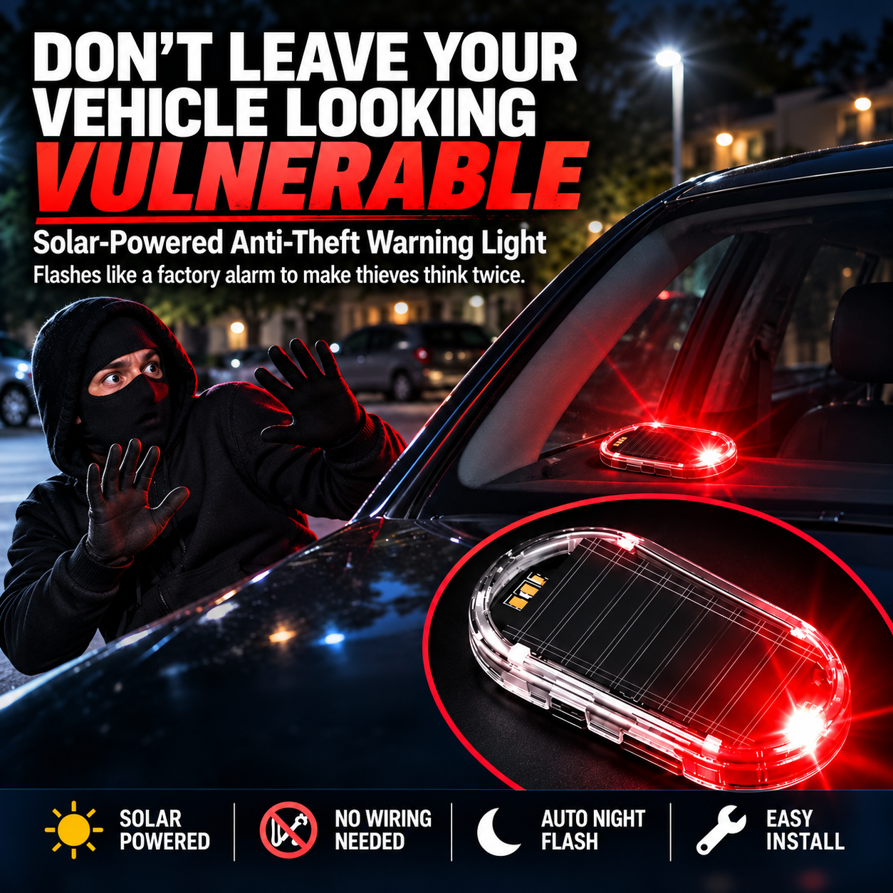 🚨 Solar-Powered Fake Car Alarm LED – Flashing Deterrent Light, No Wiring