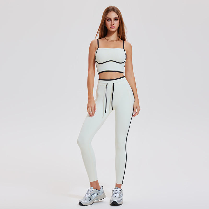 2Piece Set Contrast Color Two-Piece Activewear Set U-Neck Gym Fitness Hip Lift Legging Sportswear-ZB1