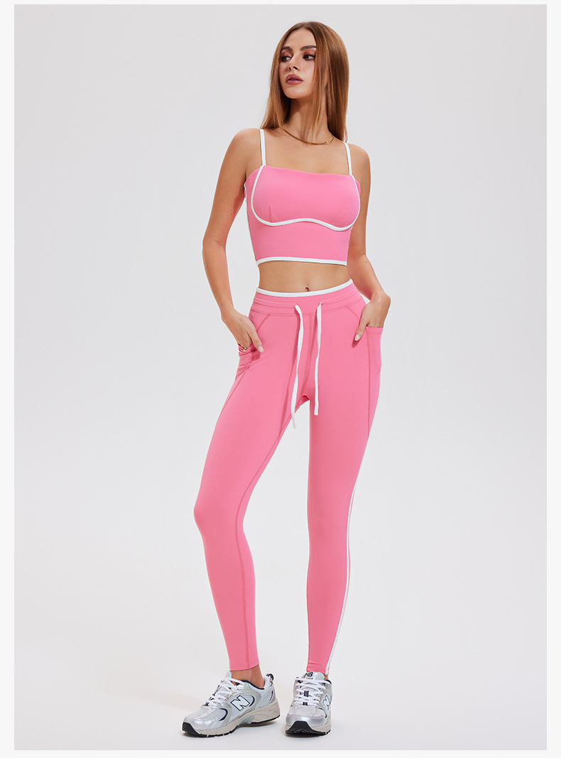 2Piece Set Contrast Color Two-Piece Activewear Set U-Neck Gym Fitness Hip Lift Legging Sportswear-ZB1