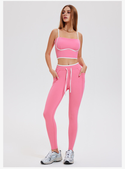 2Piece Set Contrast Color Two-Piece Activewear Set U-Neck Gym Fitness Hip Lift Legging Sportswear-ZB1