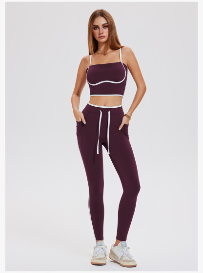 2Piece Set Contrast Color Two-Piece Activewear Set U-Neck Gym Fitness Hip Lift Legging Sportswear-ZB1