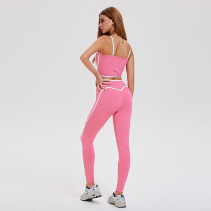 2Piece Set Contrast Color Two-Piece Activewear Set U-Neck Gym Fitness Hip Lift Legging Sportswear-ZB1