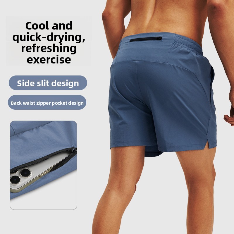 Men's Quick-Dry Running Shorts Summer Breathable Ice Silk Bare Feel Fitness Back Waist Zipper Pocket Sports Shorts