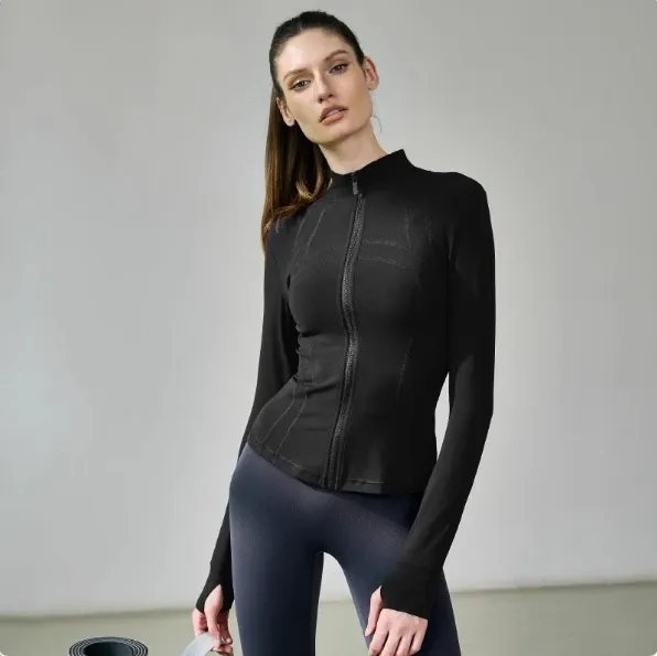 China Factory Soft Fitness Sports Top Long Sleeve Slimming Running Gym Jacket Solid Color Plus Size Lulu Yoga Jacket for Woman