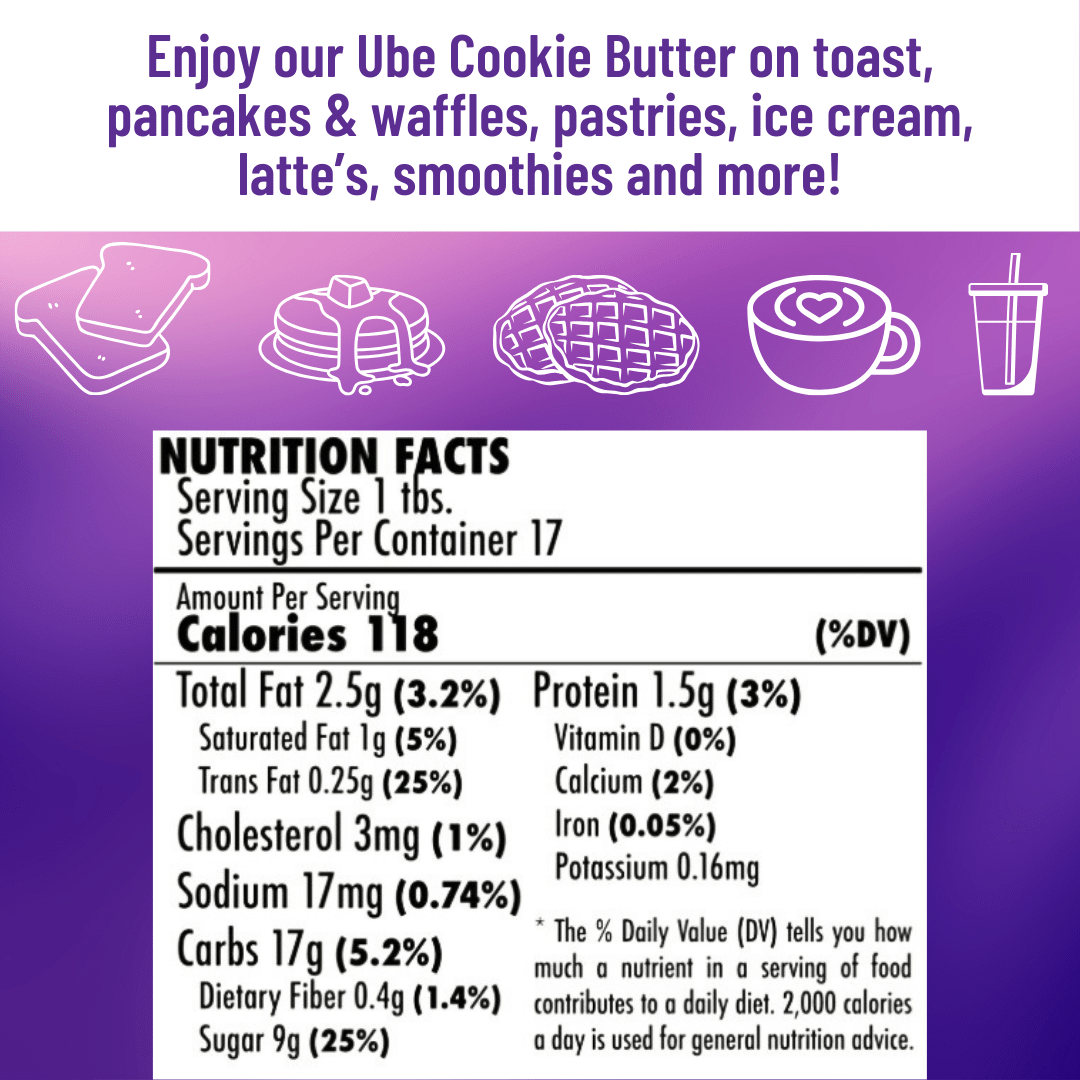 Enjoy Ube Cookie Spread on things like toast, pancakes, waffles, pastries, ice cream, lattes, smoothies, and more. Nutrition facts