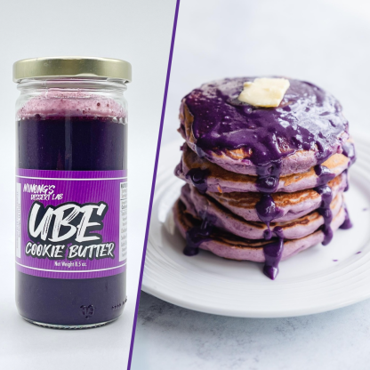 Jar of Ube Cookie Spread of the left and a stack of ube pancakes with ube cookie sauce and butter on the right.