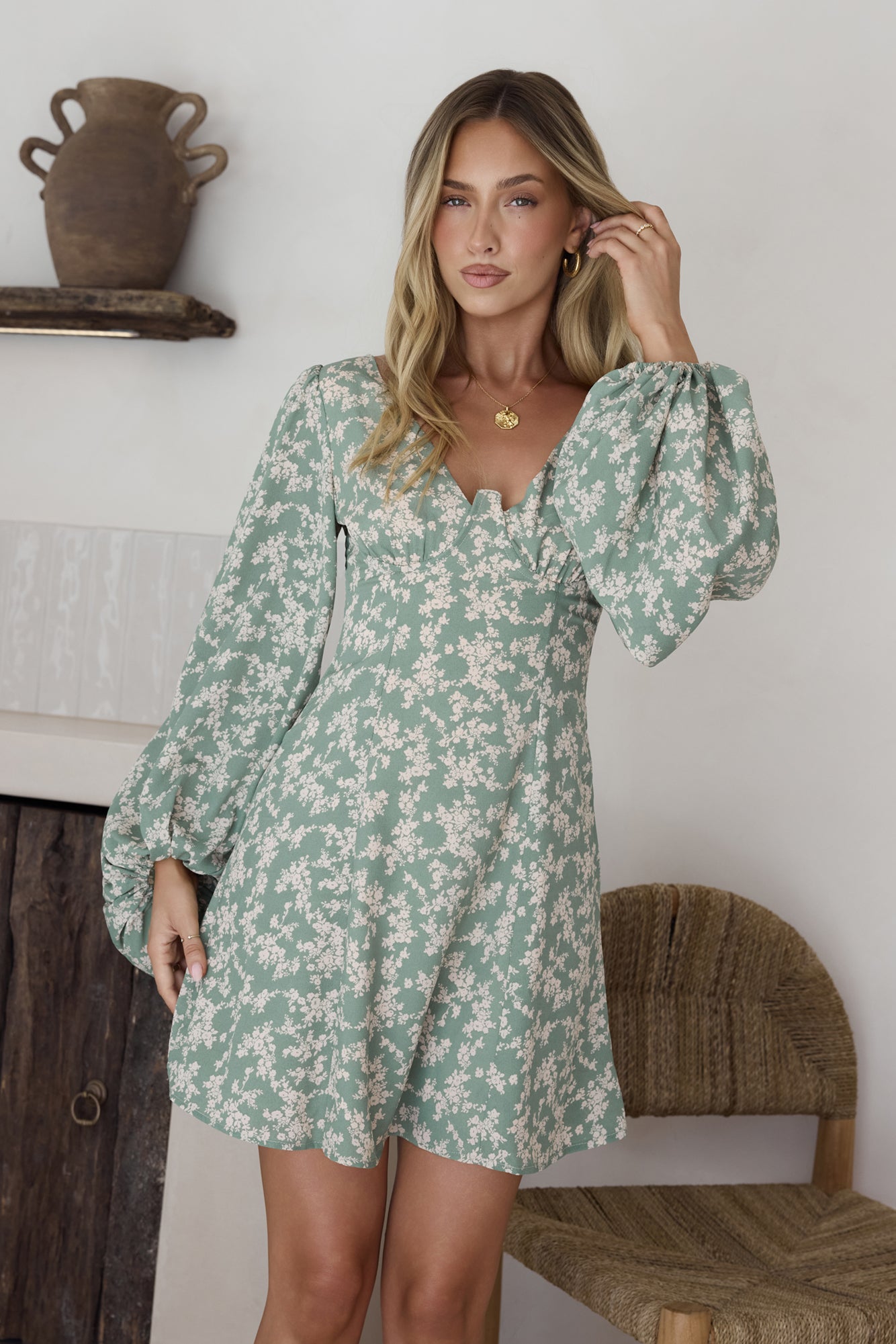 Garden Chic Mini Dress Green-Roy Dress