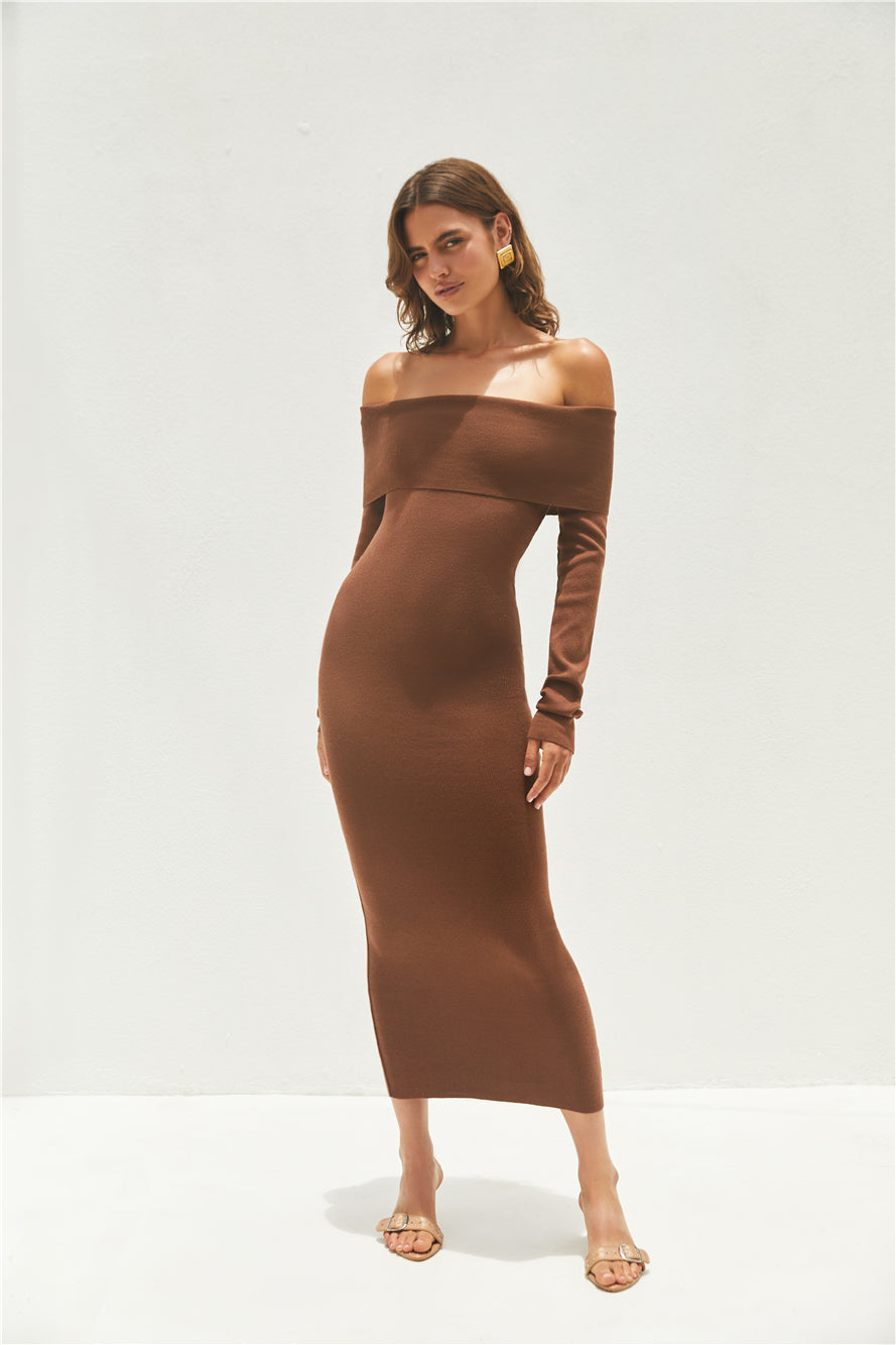 Angels Sing Off Shoulder Knit Maxi Dress Chocolate-Roy Dress