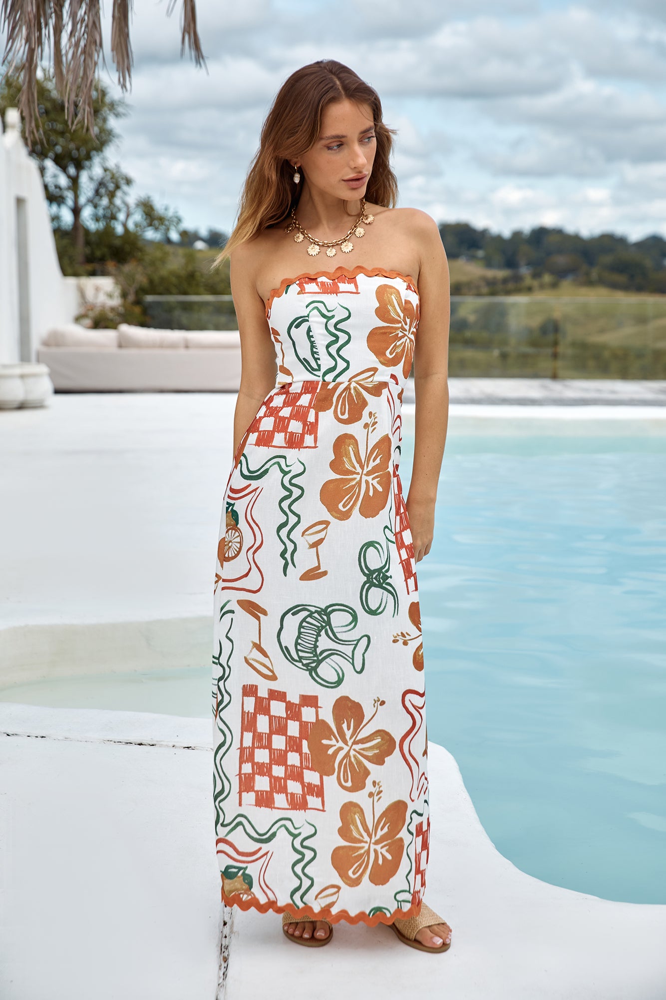 Hawaiian Retreat Strapless Maxi Dress Orange-Roy Dress