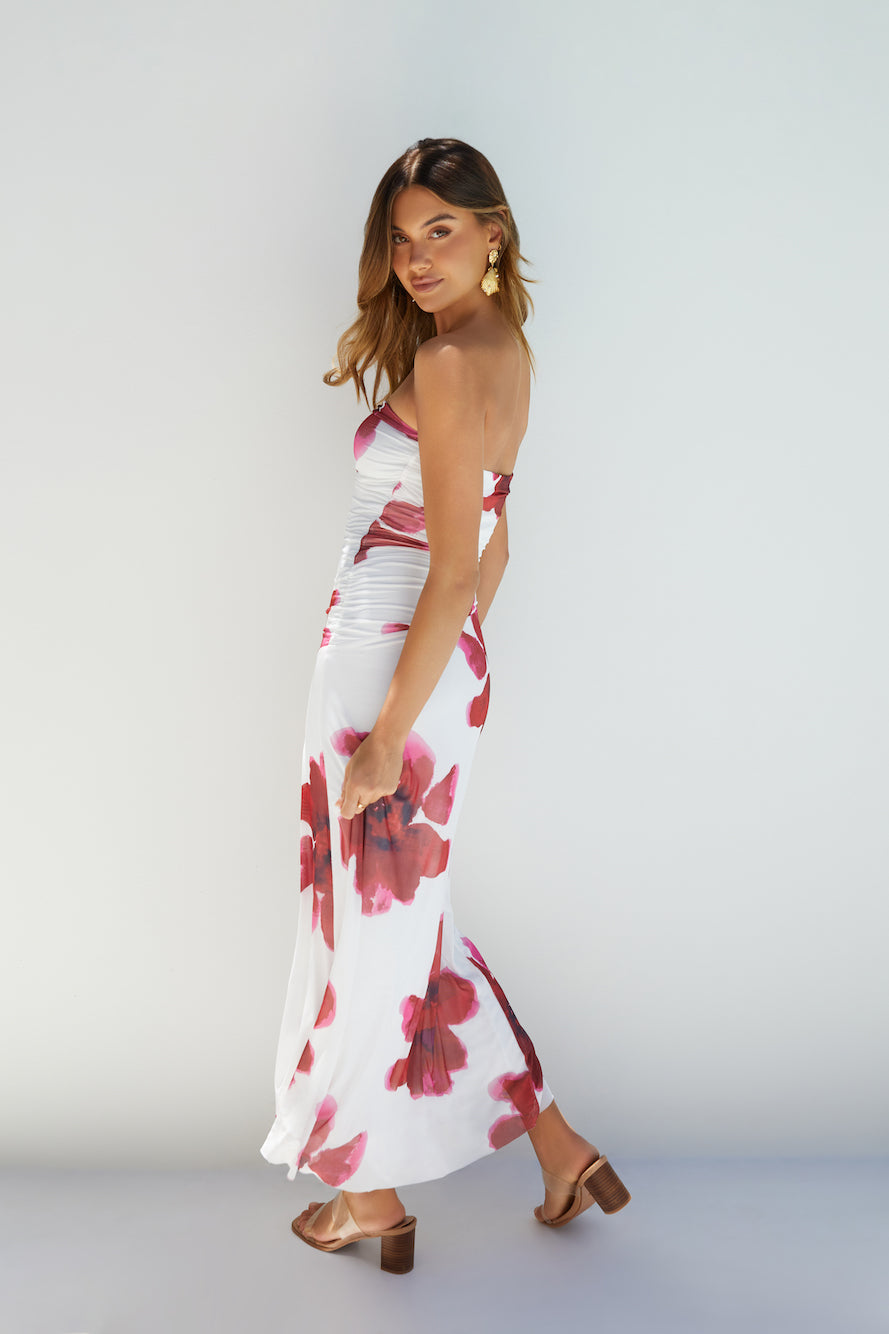 Amara Bloom Strapless Midi Dress Red-Roy Dress