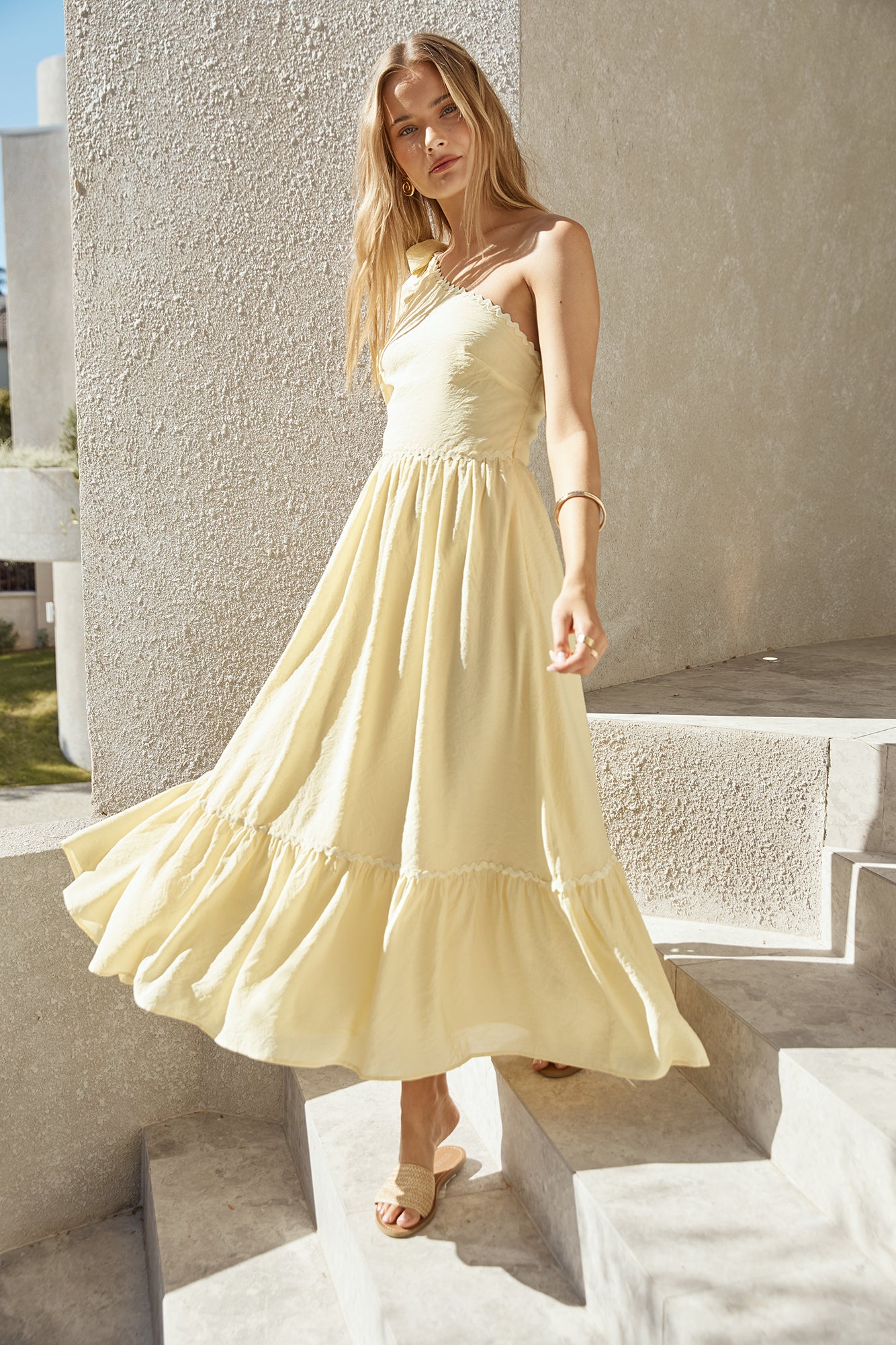Busy Girl One Shoulder Maxi Dress Yellow-Roy Dress