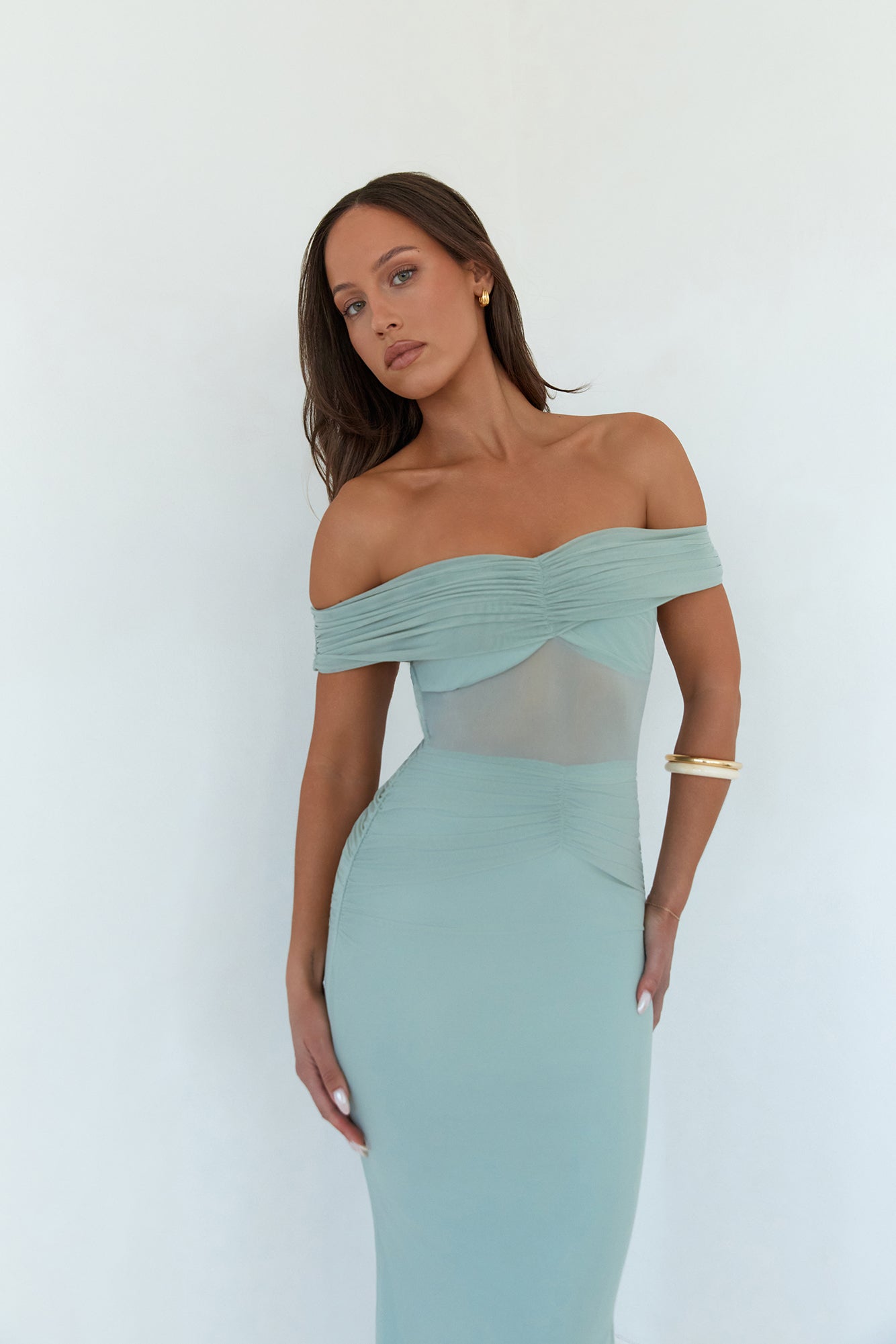 You're Radiant Off Shoulder Maxi Dress Green-Roy Dress