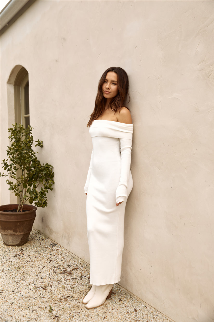 Angels Sing Off Shoulder Knit Maxi Dress White-Roy Dress