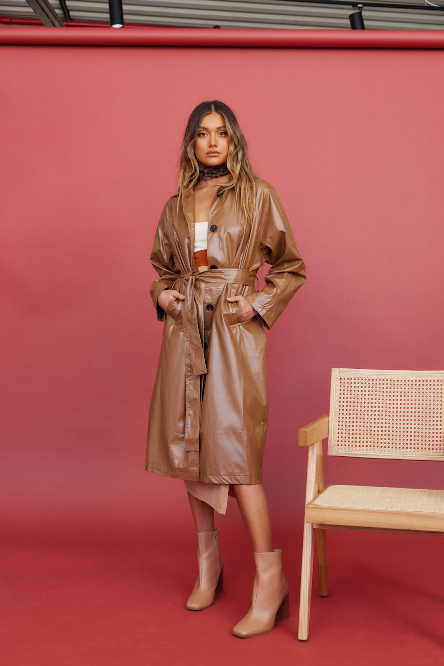 Radio Waves Faux Leather Trench Coat Brown-Roy Dress
