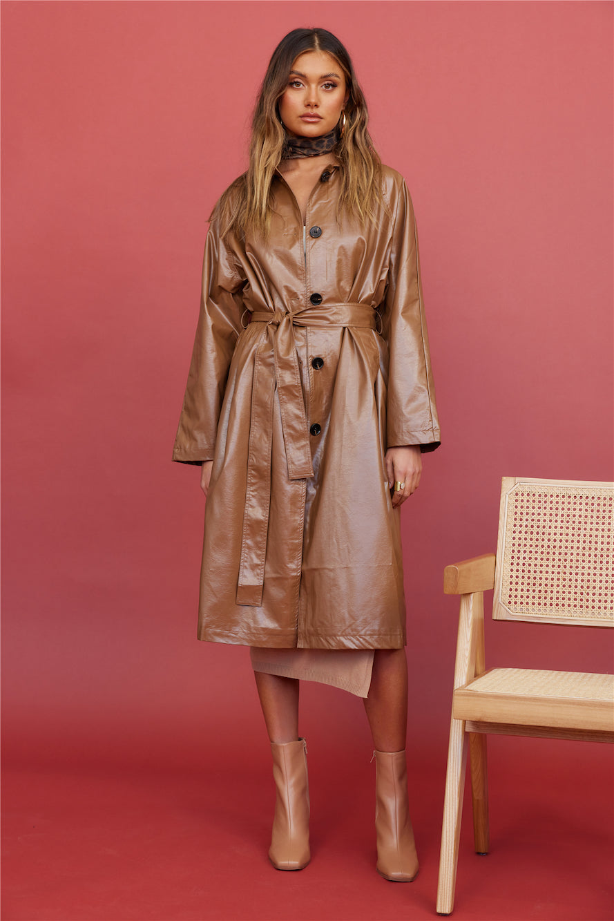Radio Waves Faux Leather Trench Coat Brown-Roy Dress