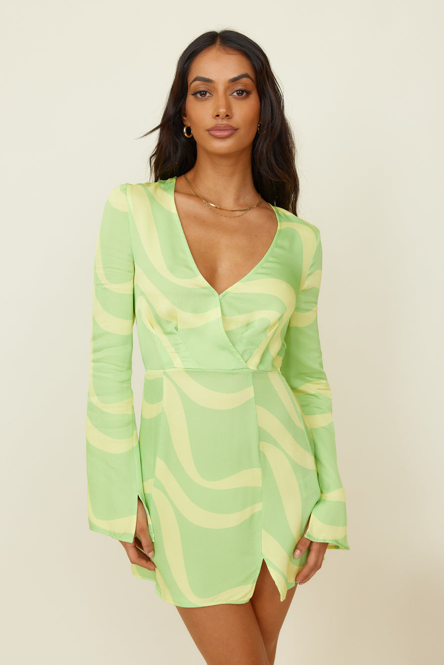 THE WOLF GANG Goldie Long Sleeve Mini Dress Pina Wave-Roy Dress