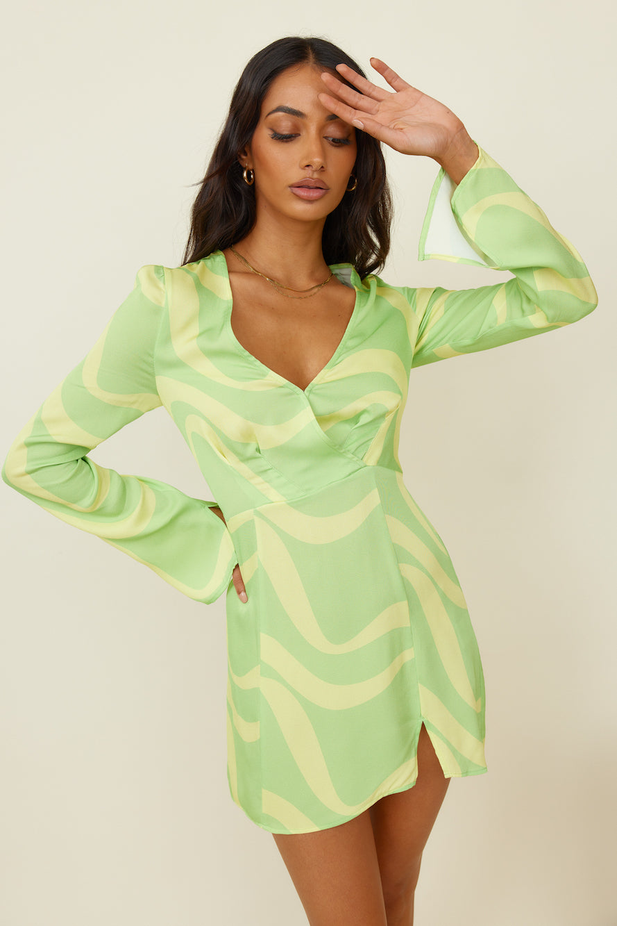 THE WOLF GANG Goldie Long Sleeve Mini Dress Pina Wave-Roy Dress