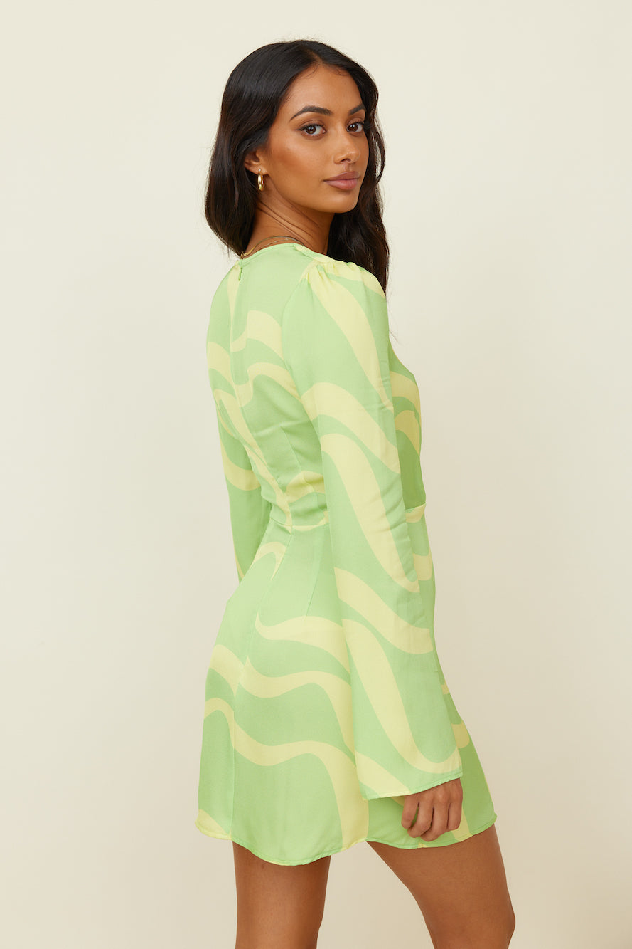 THE WOLF GANG Goldie Long Sleeve Mini Dress Pina Wave-Roy Dress