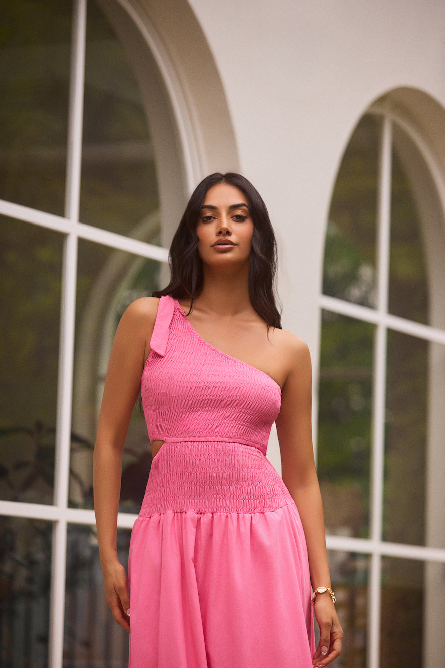 Close Up One Shoulder Maxi Dress Hot Pink-Roy Dress