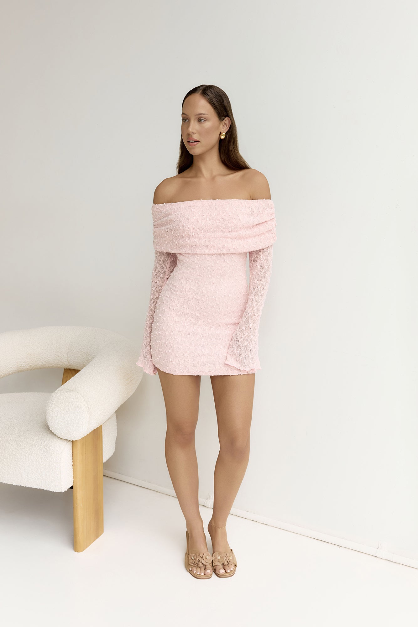 Beloved Dreams Off Shoulder Long Sleeve Mini Dress Pink-Roy Dress