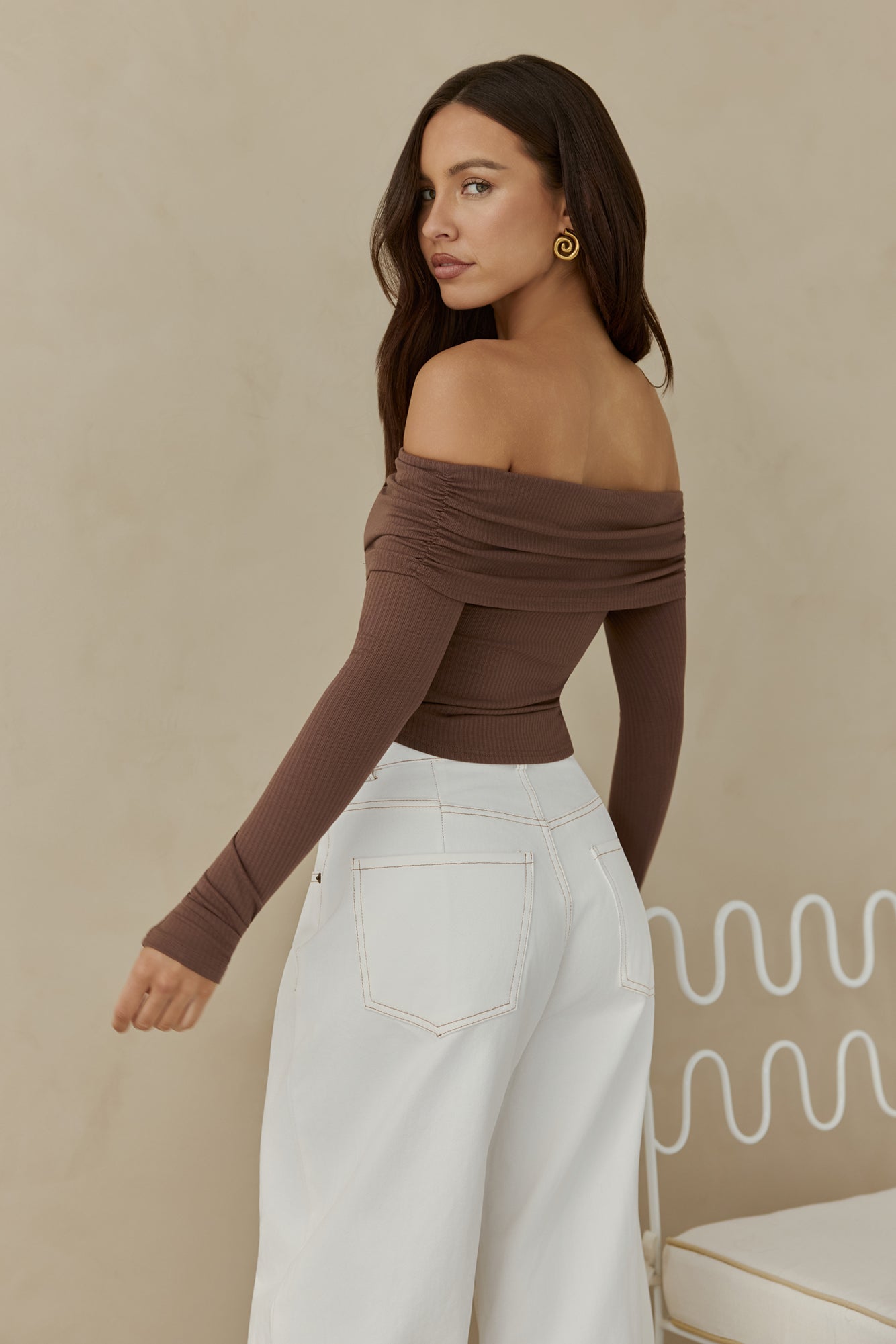 Autumn Dreamer Long Sleeve Off Shoulder Top Brown-Roy Dress