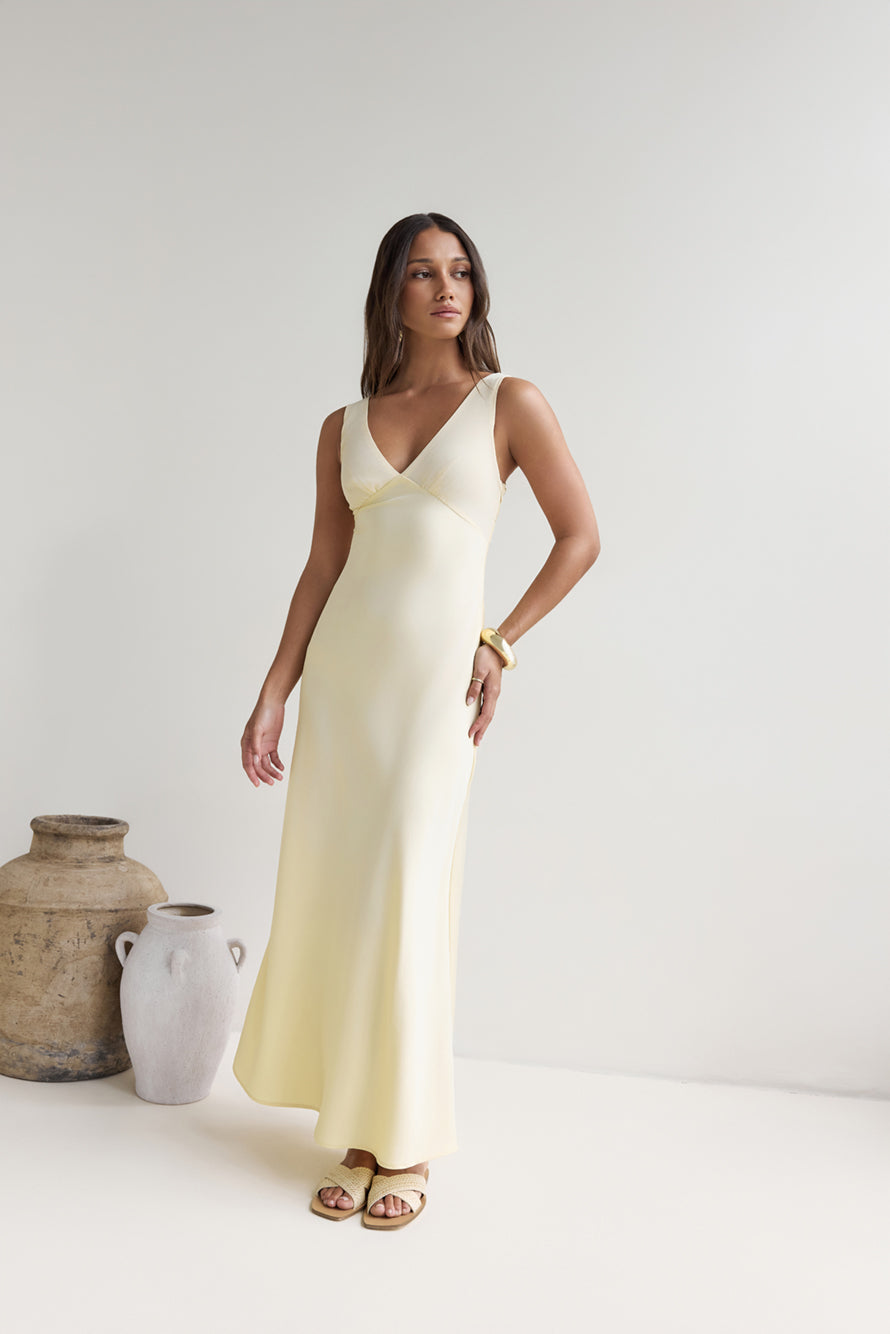 Lost In Daydreams Satin Maxi Dress Yellow-Roy Dress
