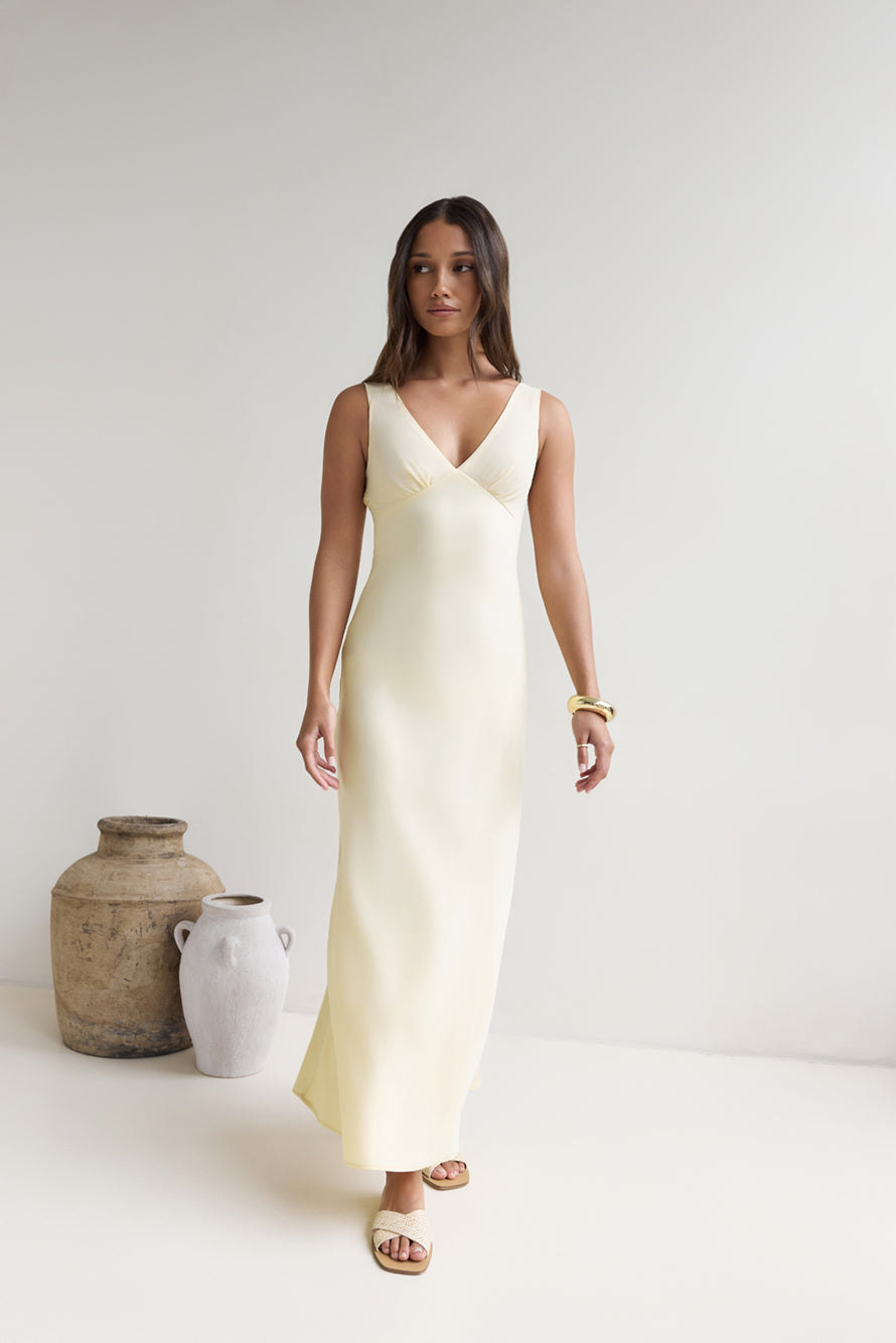 Lost In Daydreams Satin Maxi Dress Yellow-Roy Dress
