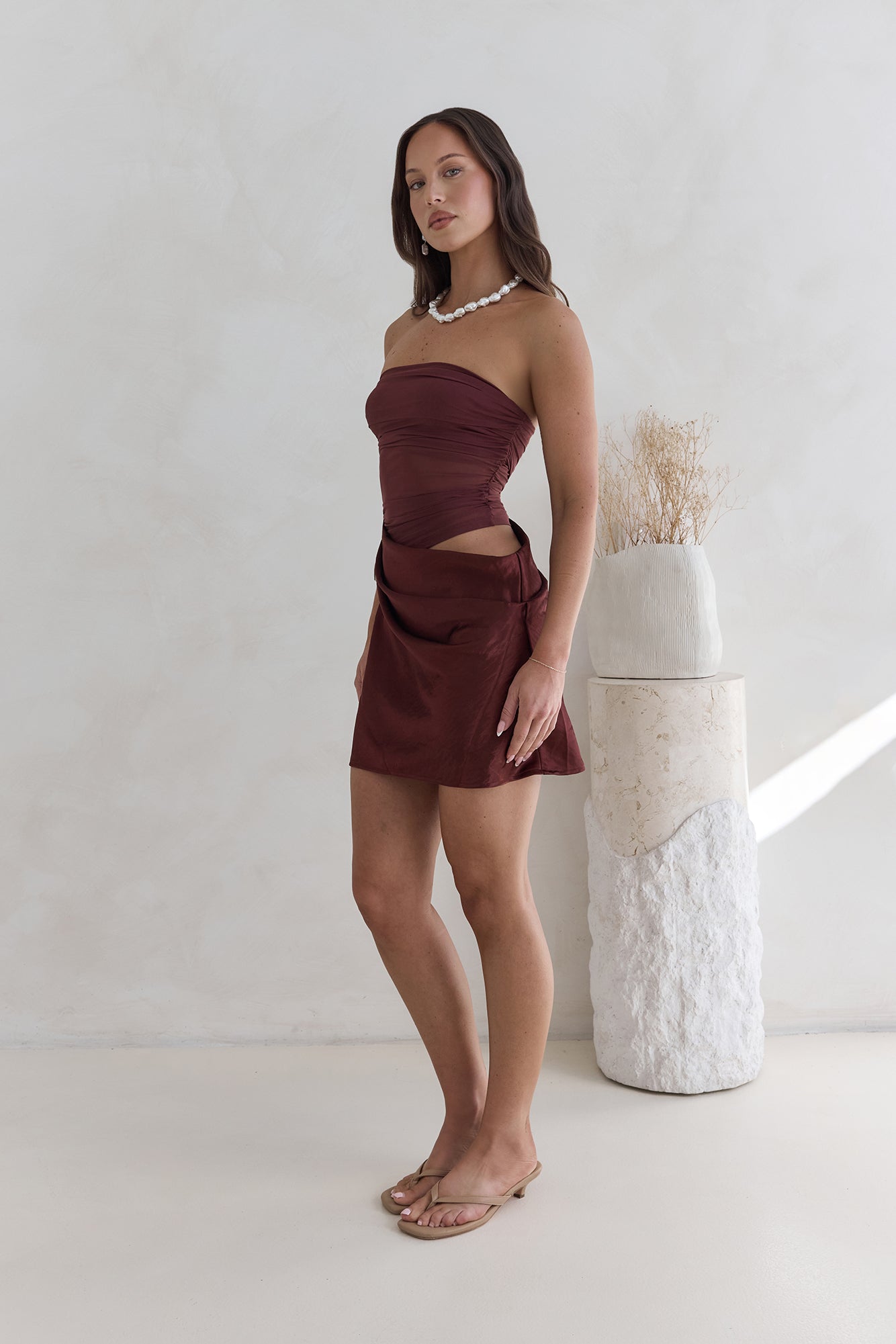 Call Me Darling Strapless Mesh Mini Dress Brown-Roy Dress