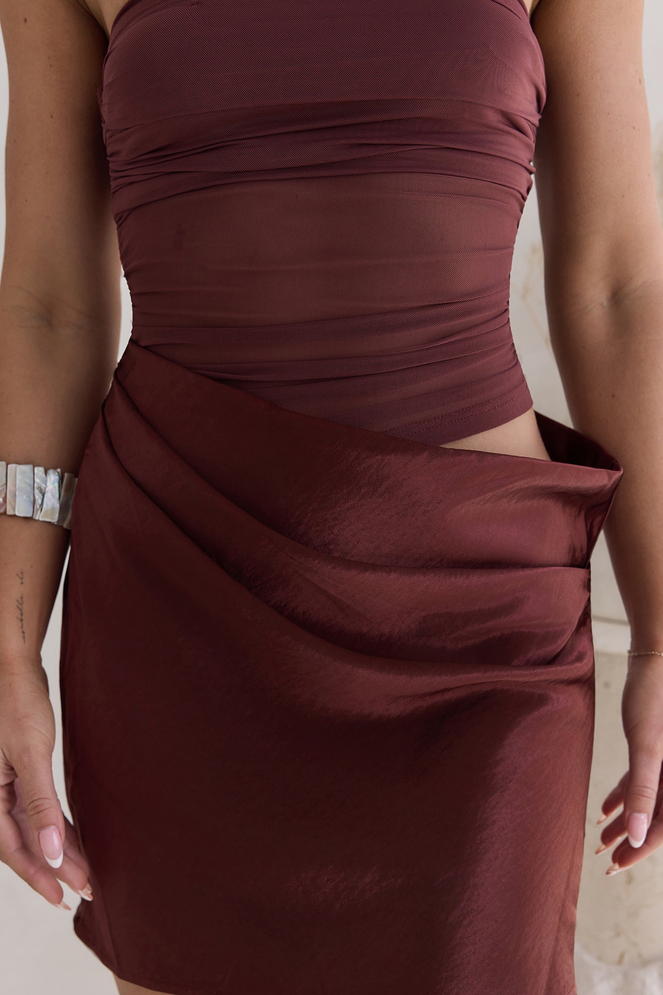 Call Me Darling Strapless Mesh Mini Dress Brown-Roy Dress