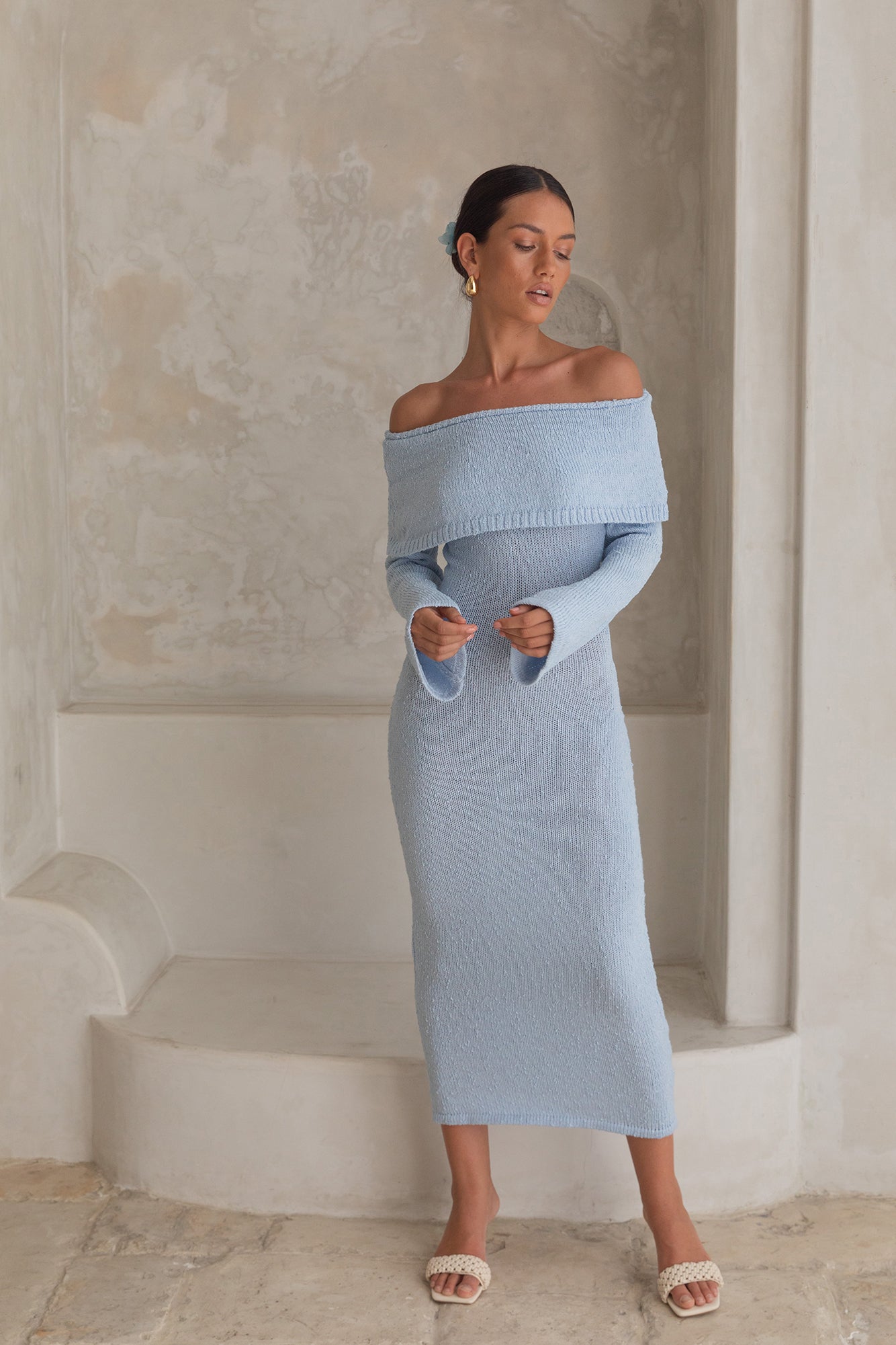 Cabana Crush Off Shoulder Knit Midi Dress Blue-Roy Dress