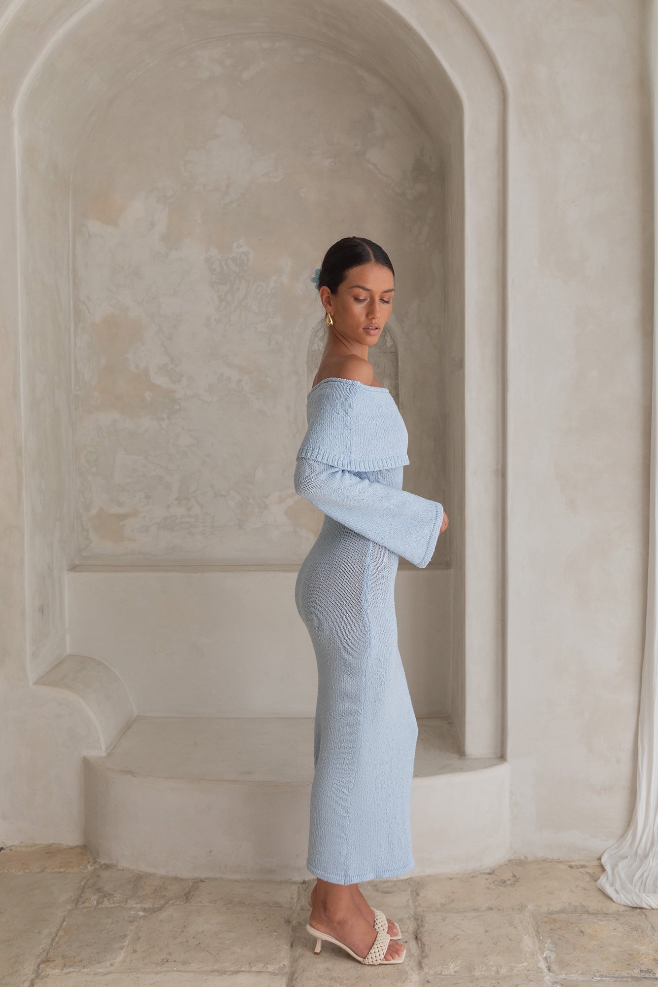 Cabana Crush Off Shoulder Knit Midi Dress Blue-Roy Dress