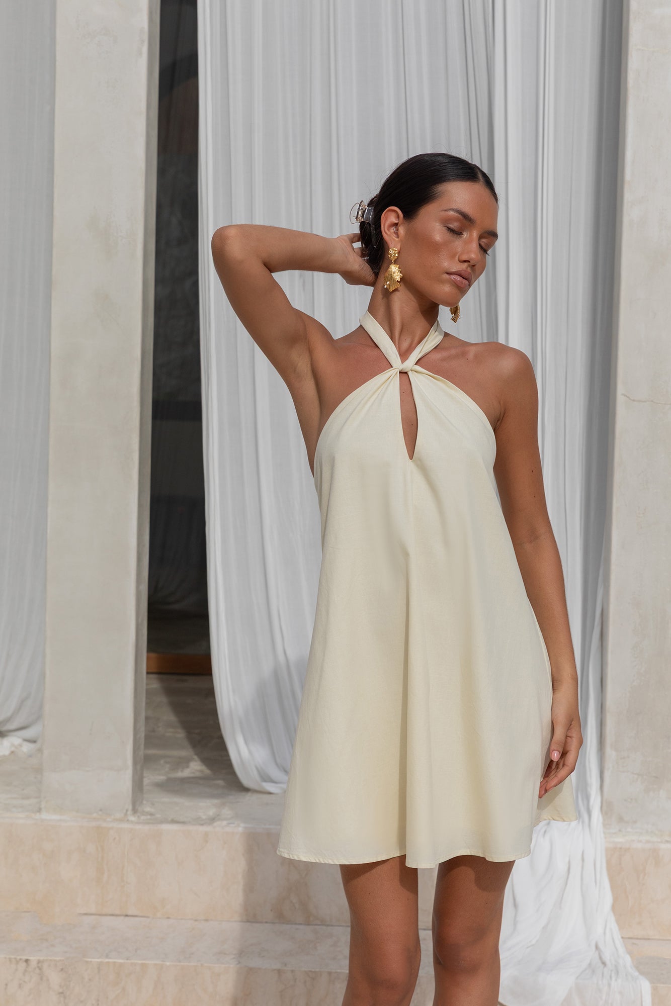 Coconut Sips Halter Mini Dress Yellow-Roy Dress