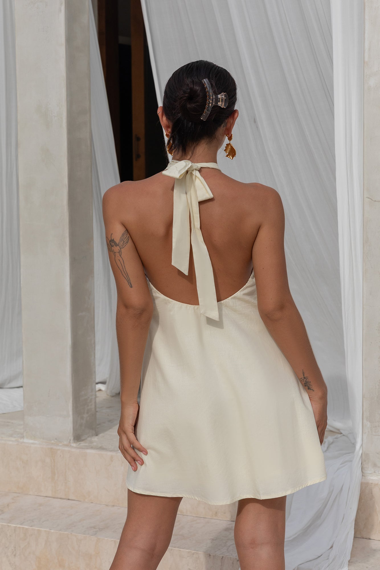 Coconut Sips Halter Mini Dress Yellow-Roy Dress