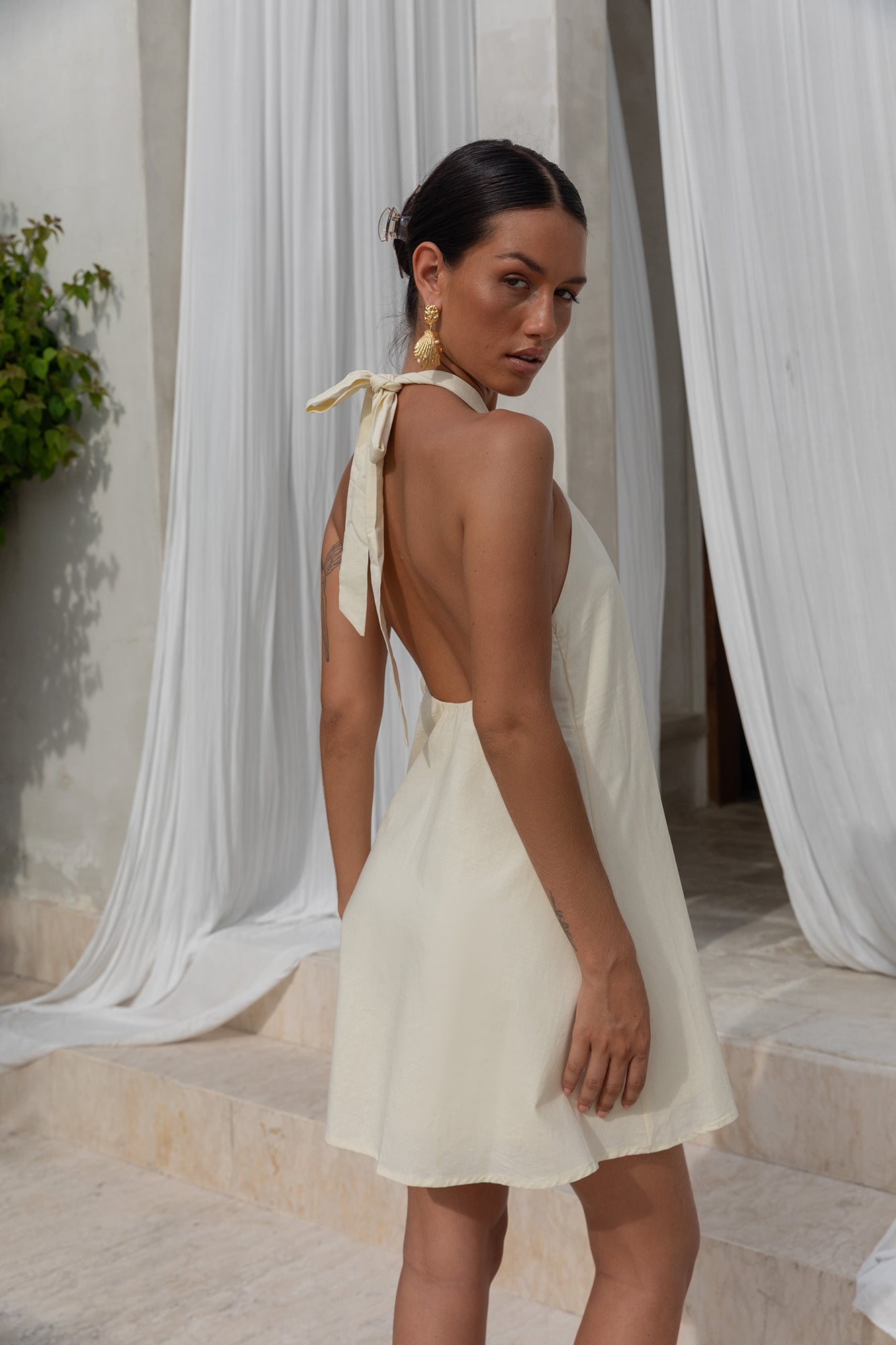 Coconut Sips Halter Mini Dress Yellow-Roy Dress