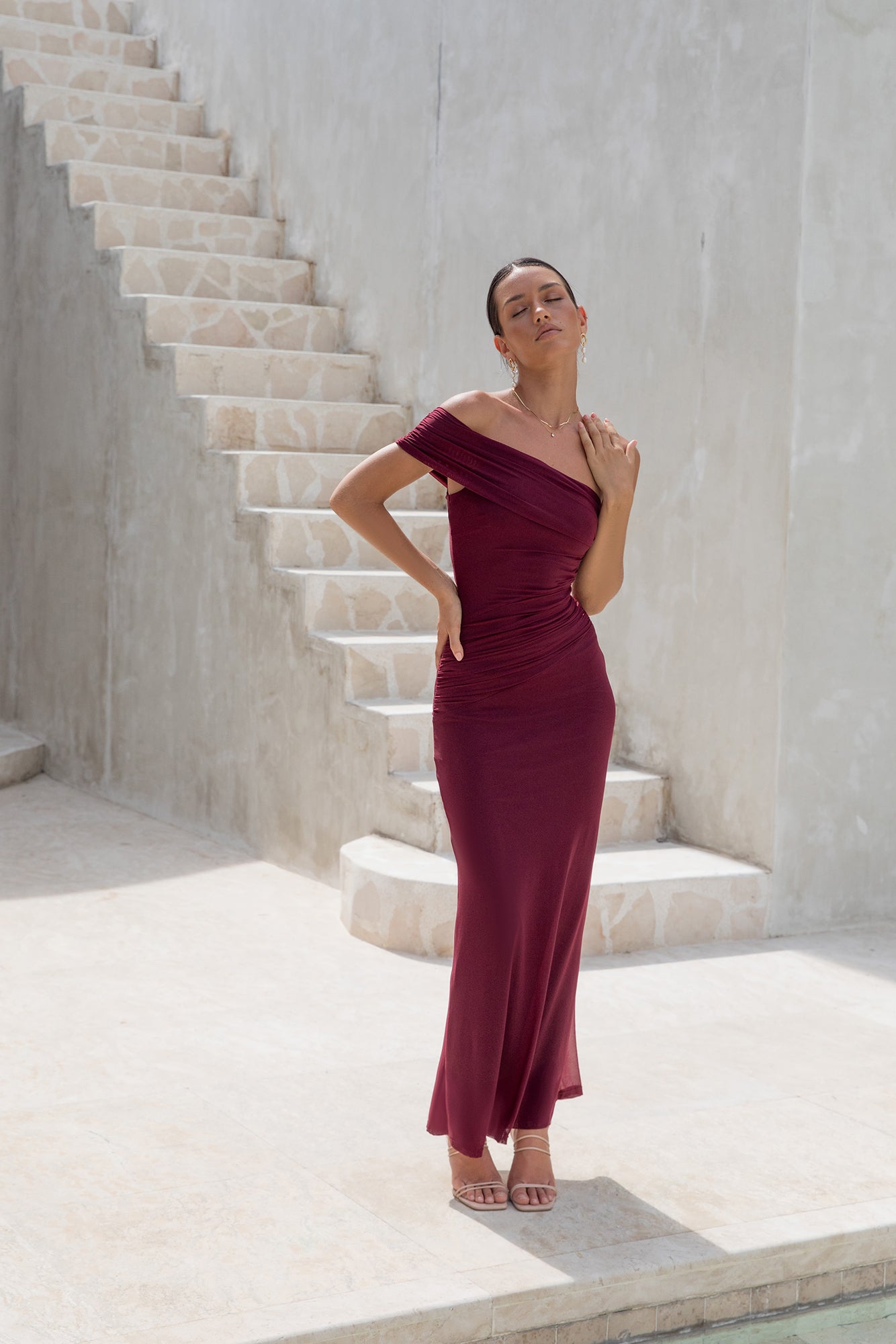 Dahlia One Shoulder Mesh Maxi Dress Maroon-Roy Dress