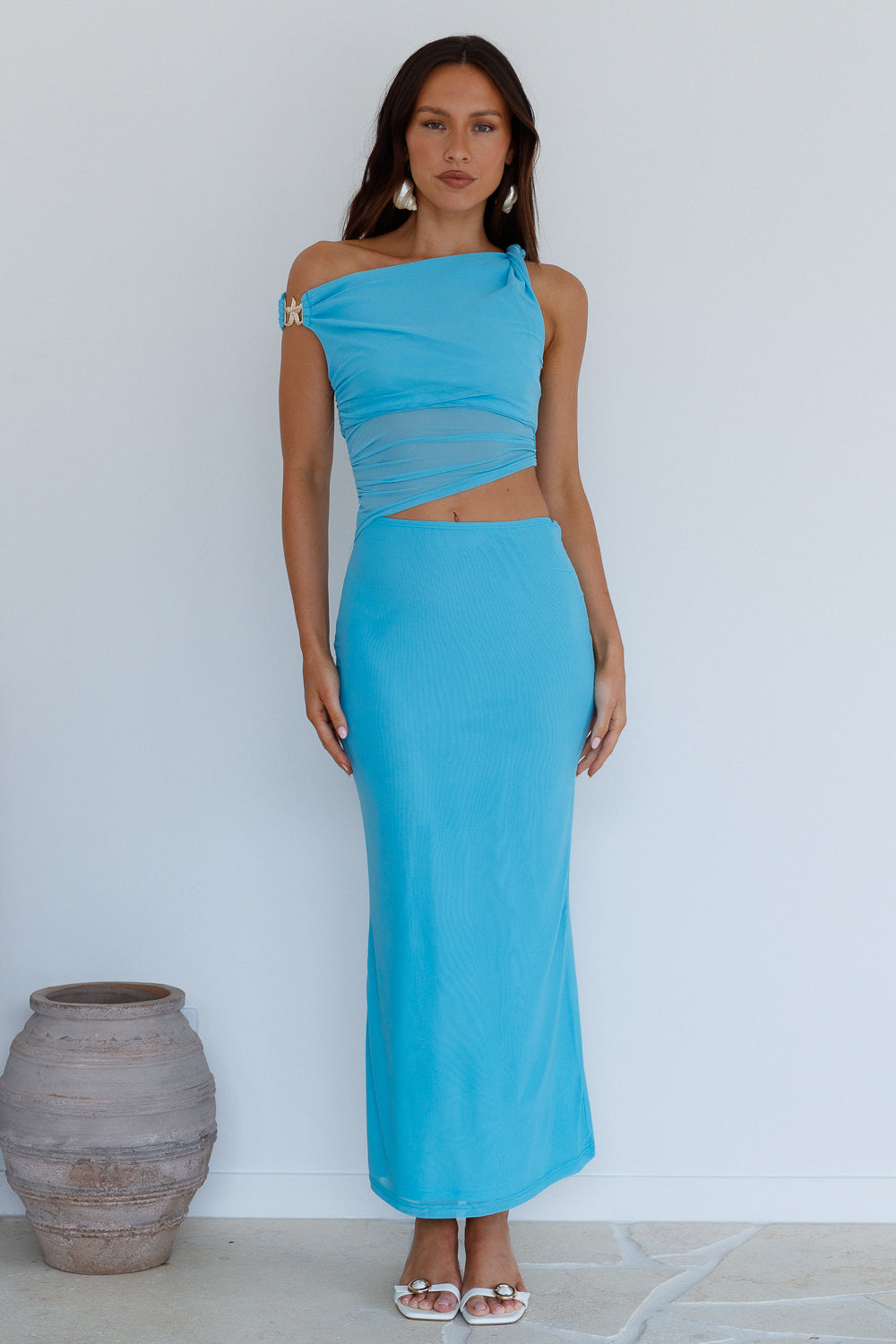 Summer Moon Off The Shoulder Maxi Dress Blue-Roy Dress