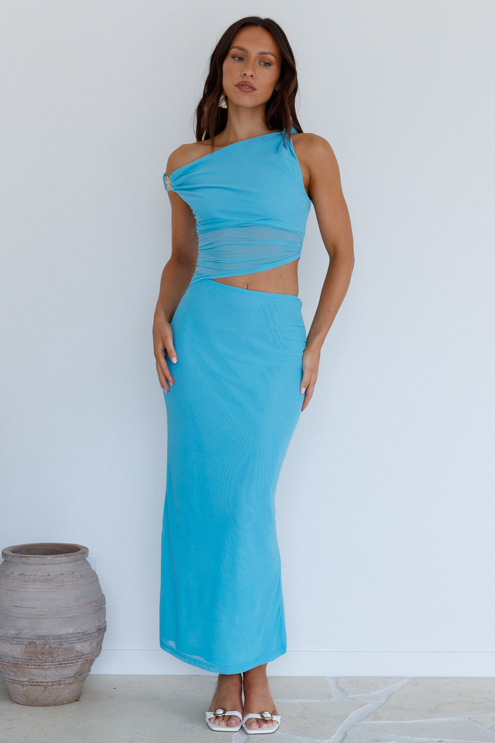 Summer Moon Off The Shoulder Maxi Dress Blue-Roy Dress
