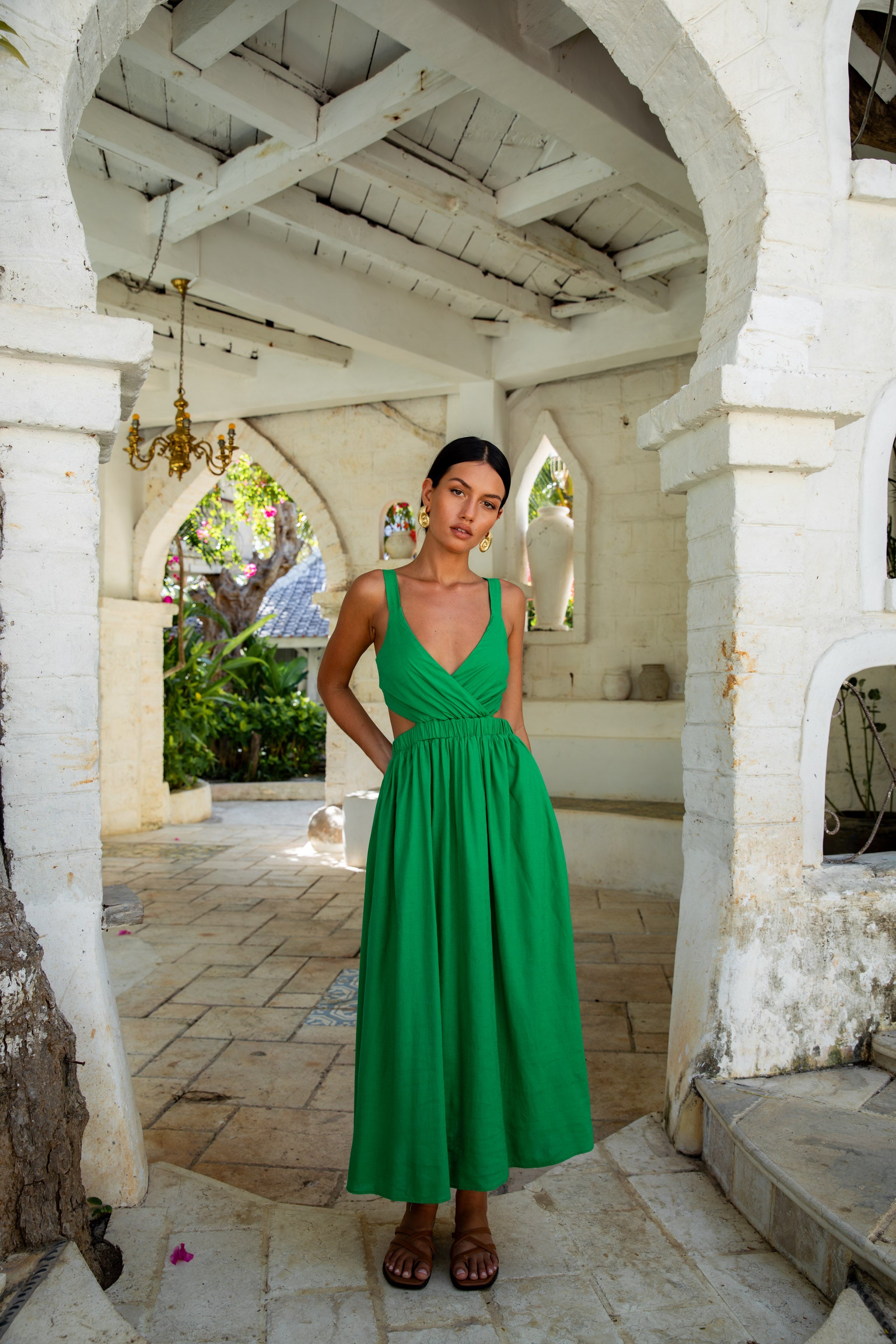 All The Girls Linen Maxi Dress Green-Roy Dress