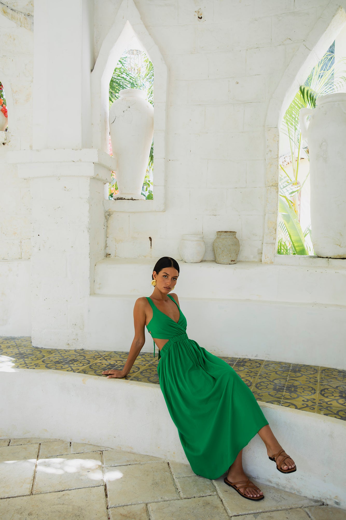 All The Girls Linen Maxi Dress Green-Roy Dress