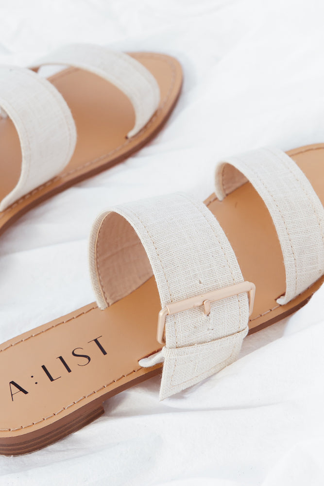 A: LIST Moore Slides Natural Linen-Roy Dress