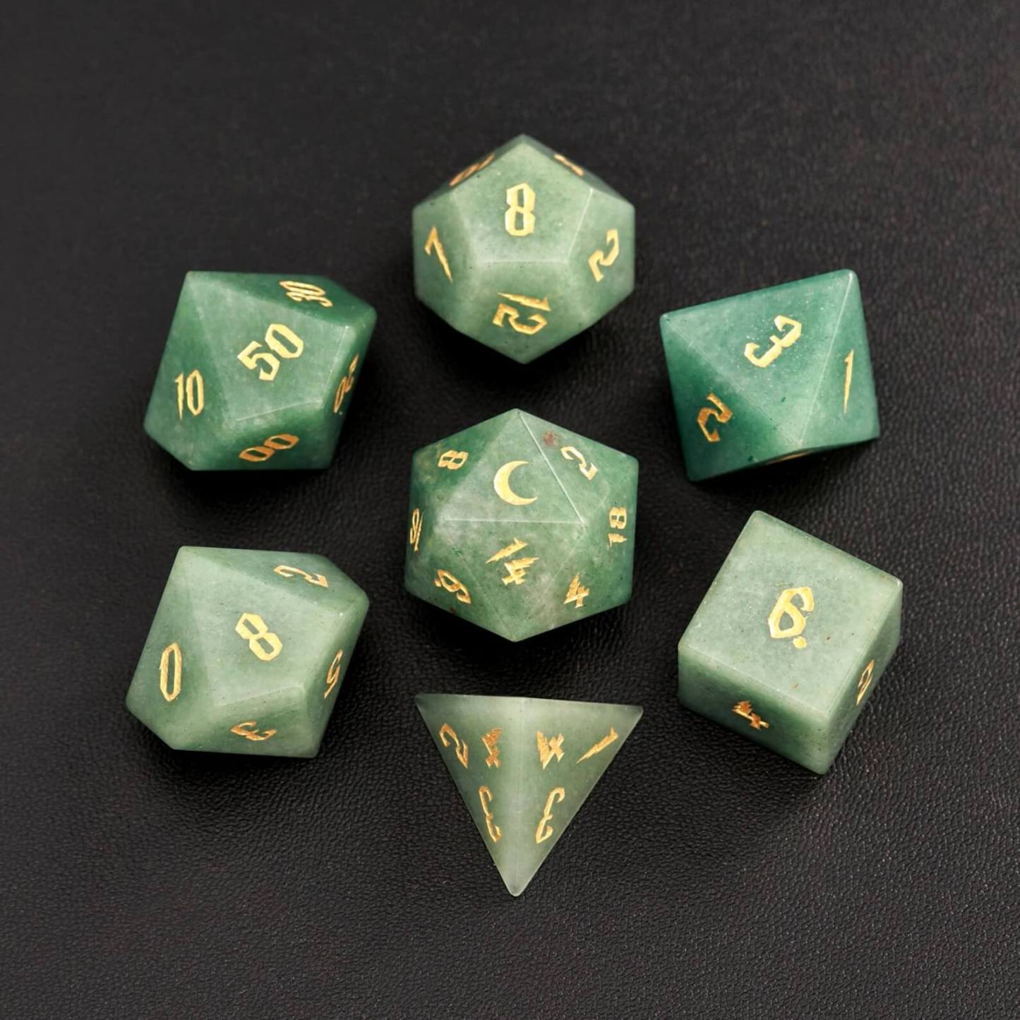 Green Jade DND Dice Set – Handcrafted Aventurine Sharp-Edge Polyhedral Dice