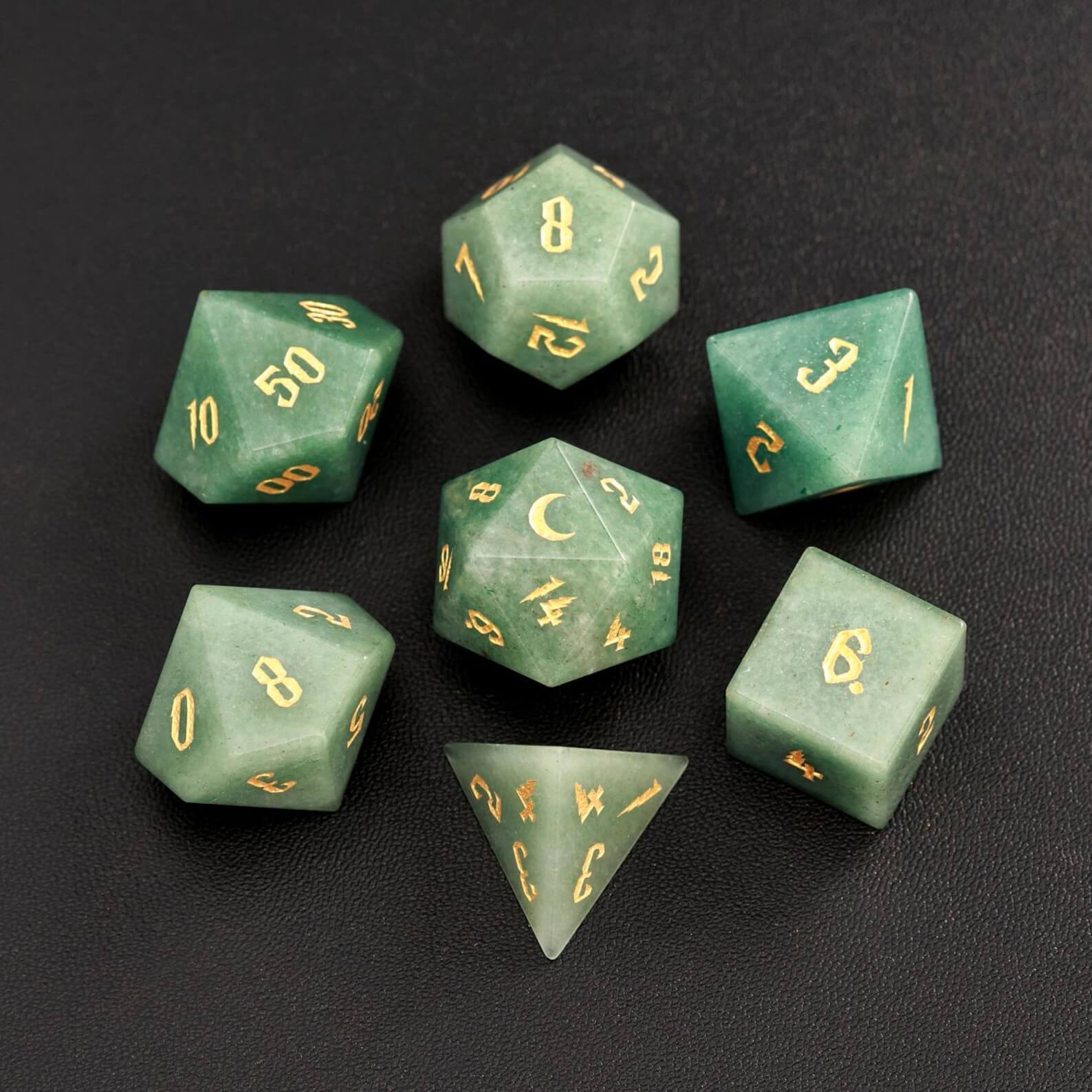 Green Jade DND Dice Set – Handcrafted Aventurine Sharp-Edge Polyhedral Dice