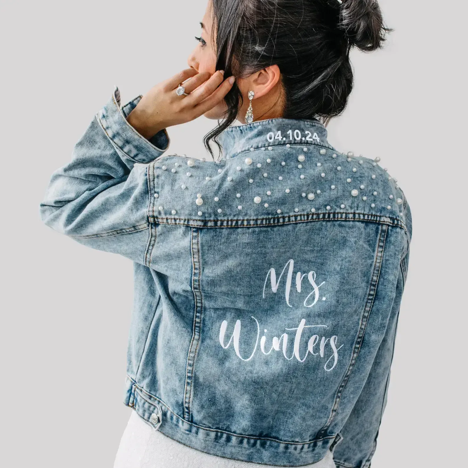 Embroidered Bride Denim Jacket – Custom Pearl Wedding Jacket