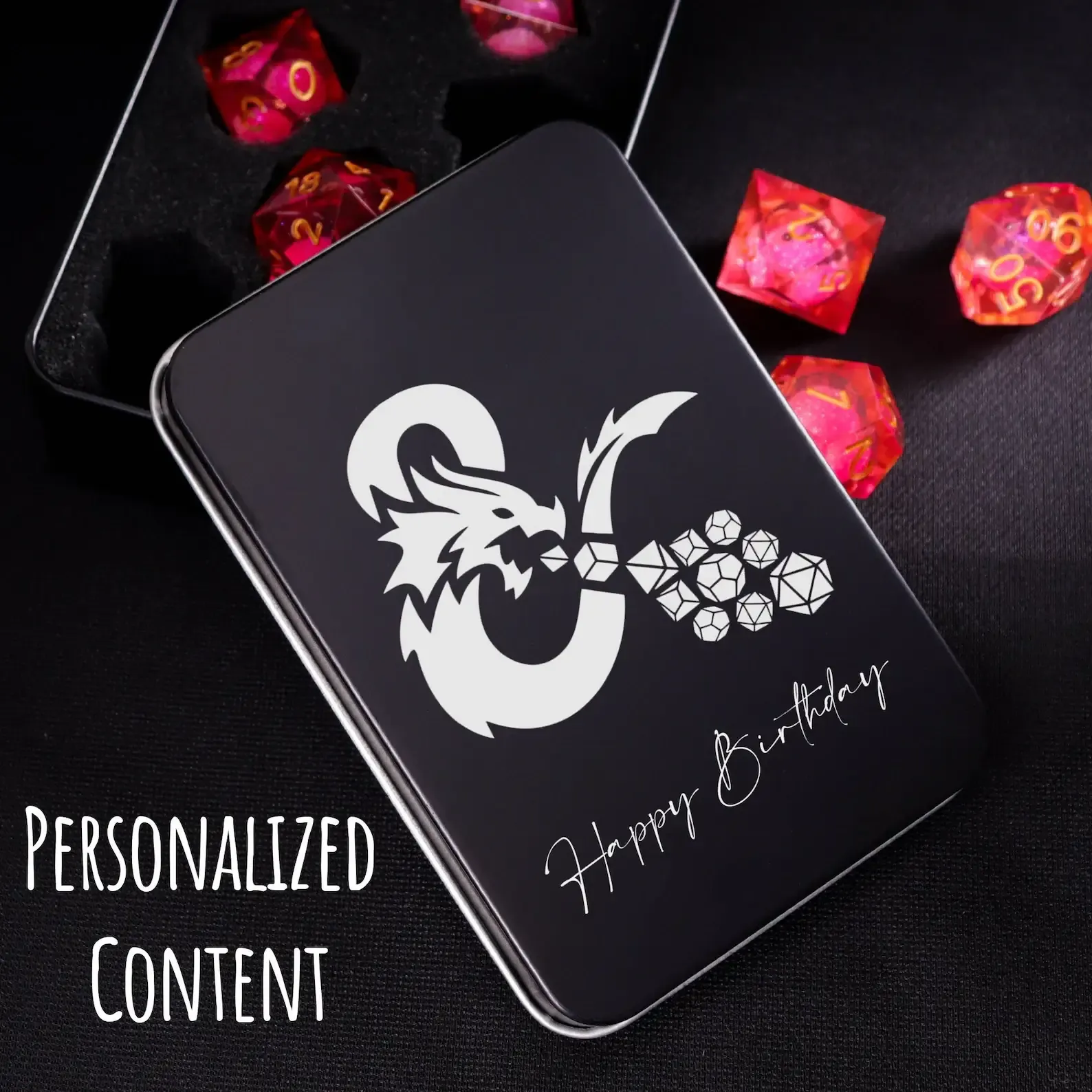 Personalized D&D Dice Set – Engraved Box, Sharp Edge Resin Polyhedral RPG Dice, Perfect Birthday Gift