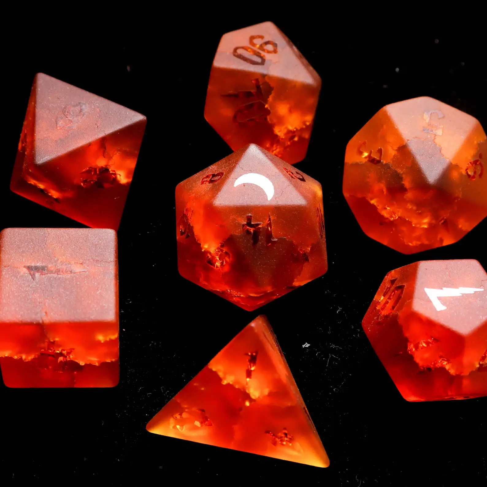 Orange Glass Sharp Edge D&D Dice Set, Dungeons and Dragons Polyhedral RPG Gemstone Dice Set