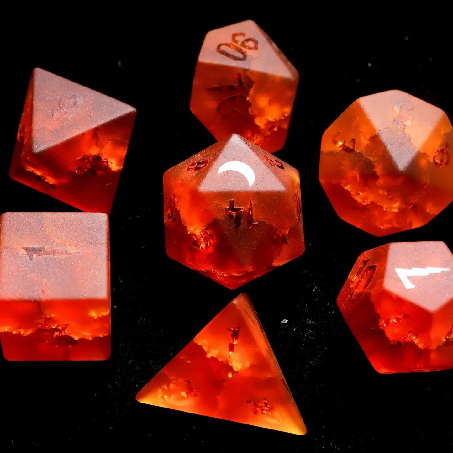 Orange Glass Sharp Edge D&D Dice Set, Dungeons and Dragons Polyhedral RPG Gemstone Dice Set