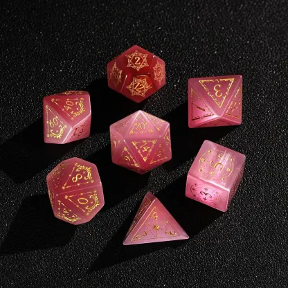 Pink Cat's Eye DND Dice Set – Hand-Carved Gemstone Polyhedral Dice for RPG